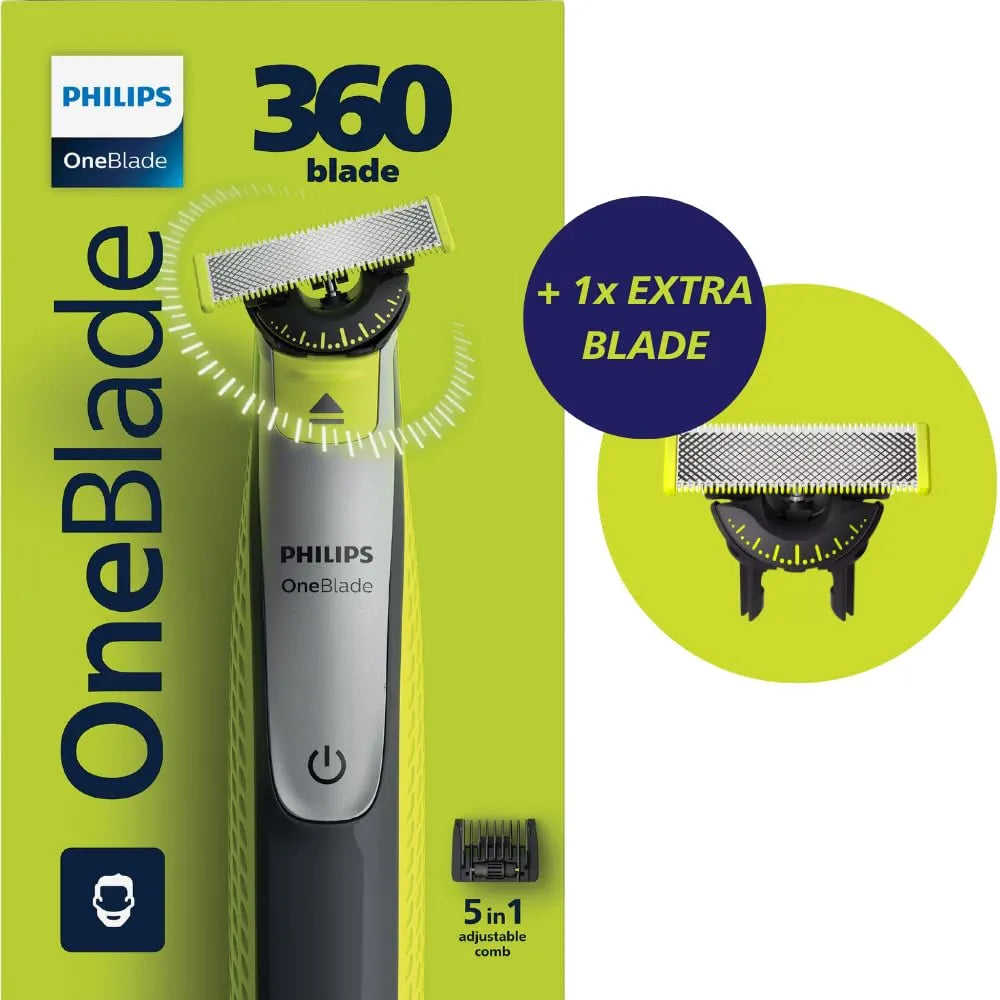 Philips OneBlade 360 hybride Visage : rasoir/tondeuse à barbe électrique, avec innovation lames 360, 2 lames 360 pour le visage, 1 sabot réglable 5 en 1