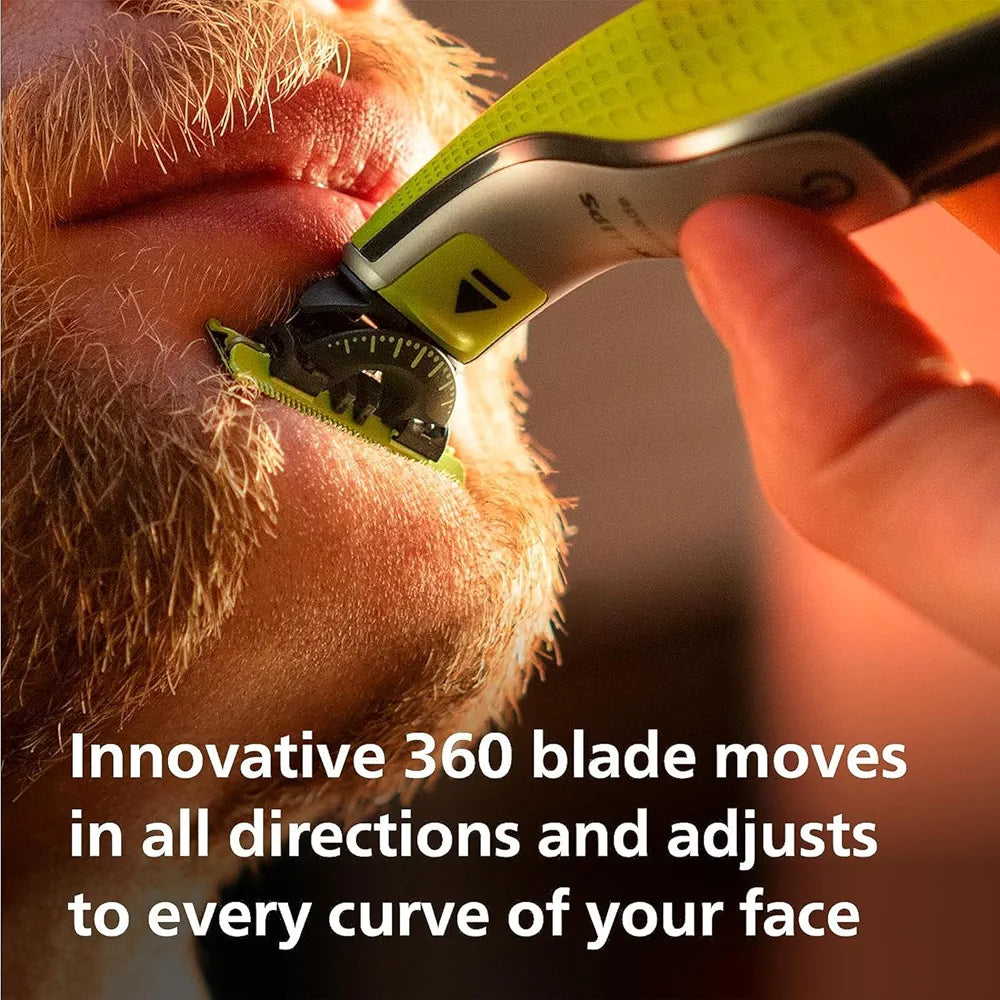 Philips OneBlade 360 hybride Visage : rasoir/tondeuse à barbe électrique, avec innovation lames 360, 2 lames 360 pour le visage, 1 sabot réglable 5 en 1