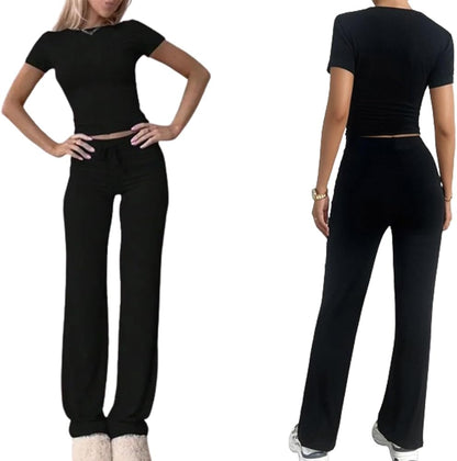 Women's Solid Short Sleeve Two Piece Set,Women's Round Neck Crop Tee and Drawstring High Waist Trousers Tracksuit Sets