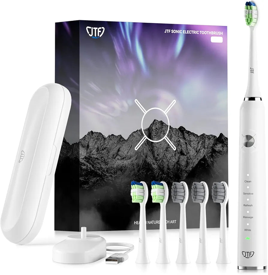 JTF Brosse À Dent Électrique Sonique Adultes avec 6 Têtes de Brosse et Étui de Voyage, Chargeur Rapide sans Fil et Longue Durée, 5 Modes et Minuteur Intelligent, Brosse À Dent Voyage, P200 Blanc
