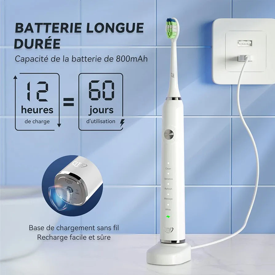 JTF Brosse À Dent Électrique Sonique Adultes avec 6 Têtes de Brosse et Étui de Voyage, Chargeur Rapide sans Fil et Longue Durée, 5 Modes et Minuteur Intelligent, Brosse À Dent Voyage, P200 Blanc