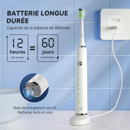JTF Brosse À Dent Électrique Sonique Adultes avec 6 Têtes de Brosse et Étui de Voyage, Chargeur Rapide sans Fil et Longue Durée, 5 Modes et Minuteur Intelligent, Brosse À Dent Voyage, P200 Blanc