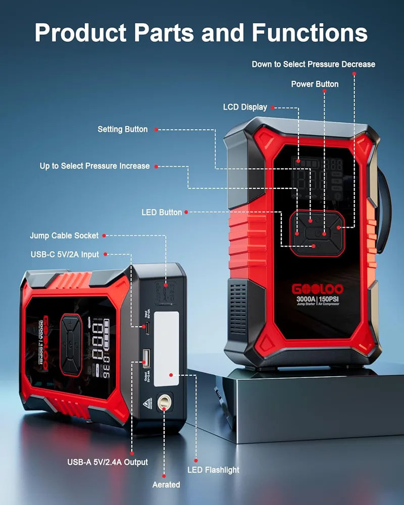 GOOLOO Booster Batterie Voiture 3000A A3 Portable Jump Starter Démarreur Voiture avec Pinces Supersafe Intelligentes +Compresseur d'air 150 PSI