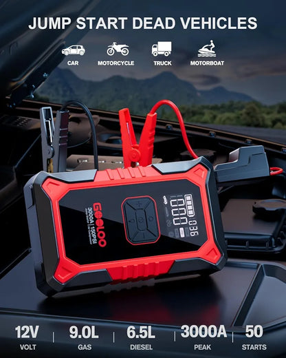 GOOLOO Booster Batterie Voiture 3000A A3 Portable Jump Starter Démarreur Voiture avec Pinces Supersafe Intelligentes +Compresseur d'air 150 PSI