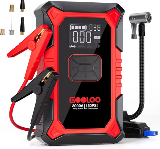 GOOLOO Booster Batterie Voiture 3000A A3 Portable Jump Starter Démarreur Voiture avec Pinces Supersafe Intelligentes +Compresseur d'air 150 PSI