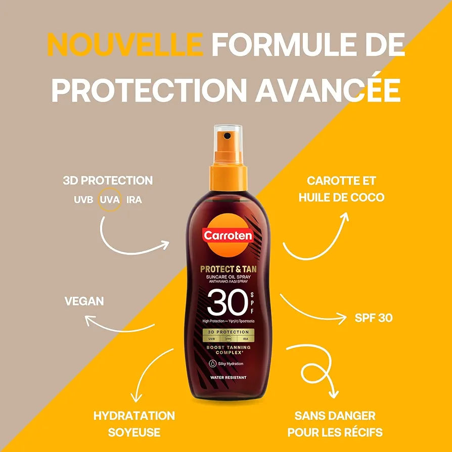 Carroten OmegaCare Tanning Oil FPS 30, 150 ml - Huile Bronzante avec Acides Gras Oméga - Accelerateur de Bronzage avec Protection Solaire - Spray Solaire Protectrice