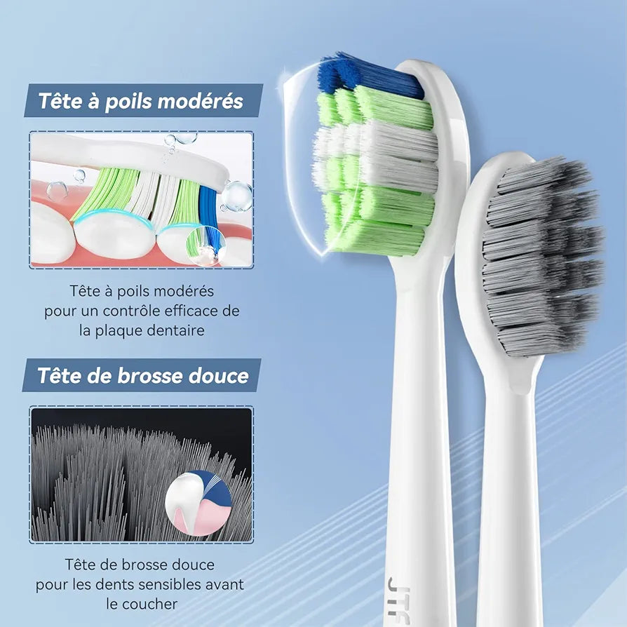 JTF Brosse À Dent Électrique Sonique Adultes avec 6 Têtes de Brosse et Étui de Voyage, Chargeur Rapide sans Fil et Longue Durée, 5 Modes et Minuteur Intelligent, Brosse À Dent Voyage, P200 Blanc