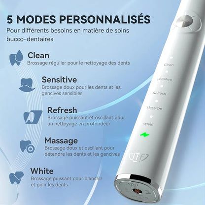 JTF Brosse À Dent Électrique Sonique Adultes avec 6 Têtes de Brosse et Étui de Voyage, Chargeur Rapide sans Fil et Longue Durée, 5 Modes et Minuteur Intelligent, Brosse À Dent Voyage, P200 Blanc