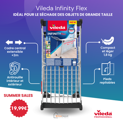 Séchoir d’intérieur Vileda Infinity Flex - Fils XXL de +2 mètres, Stable et Robuste, Transport Pratique, Avec Porte-Chaussettes