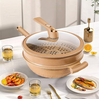 Wok antiadhésif en terre cuite avec panier vapeur