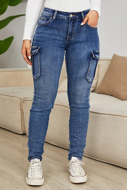 Jeans Cargo Skinny à taille basse avec poches à rabat