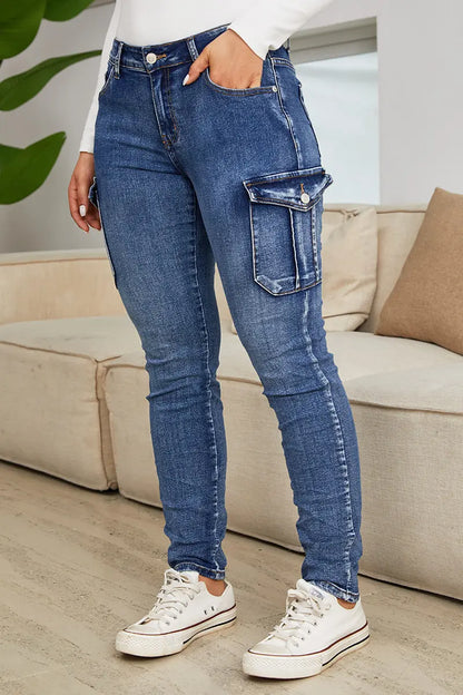 Jeans Cargo Skinny à taille basse avec poches à rabat