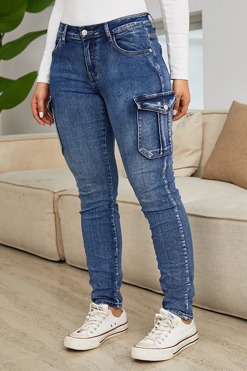 Jeans Cargo Skinny à taille basse avec poches à rabat