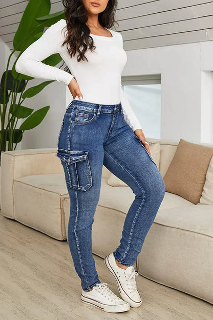 Jeans Cargo Skinny à taille basse avec poches à rabat