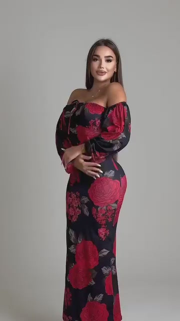 Boat Neck Floral Long-sleeved Dress