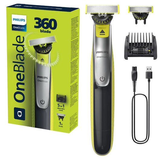 Philips OneBlade 360 hybride Visage : rasoir/tondeuse à barbe électrique, avec innovation lames 360, 2 lames 360 pour le visage, 1 sabot réglable 5 en 1
