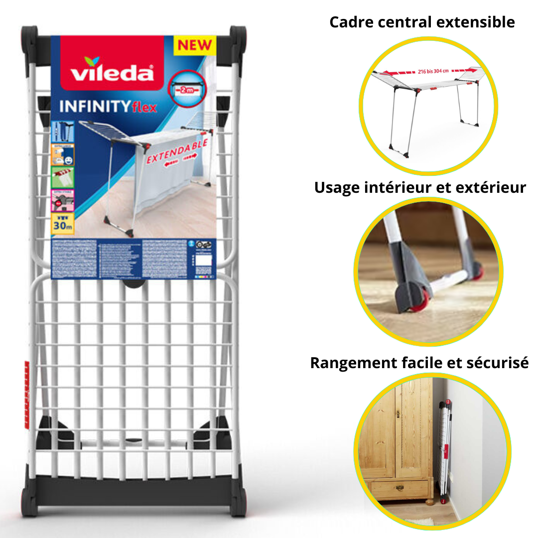 Séchoir d’intérieur Vileda Infinity Flex - Fils XXL de +2 mètres, Stable et Robuste, Transport Pratique, Avec Porte-Chaussettes